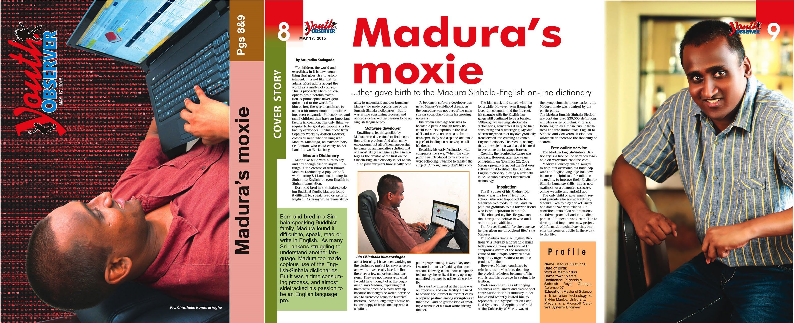 Madura's moxie - Sunday Observer Youth Observer 17-May-2015 Cover Page & Page 8-9